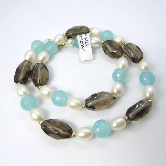 14KY Chalcedony Pearl Smoky Quartz Gold NECKLACE - Picture 2 of 11